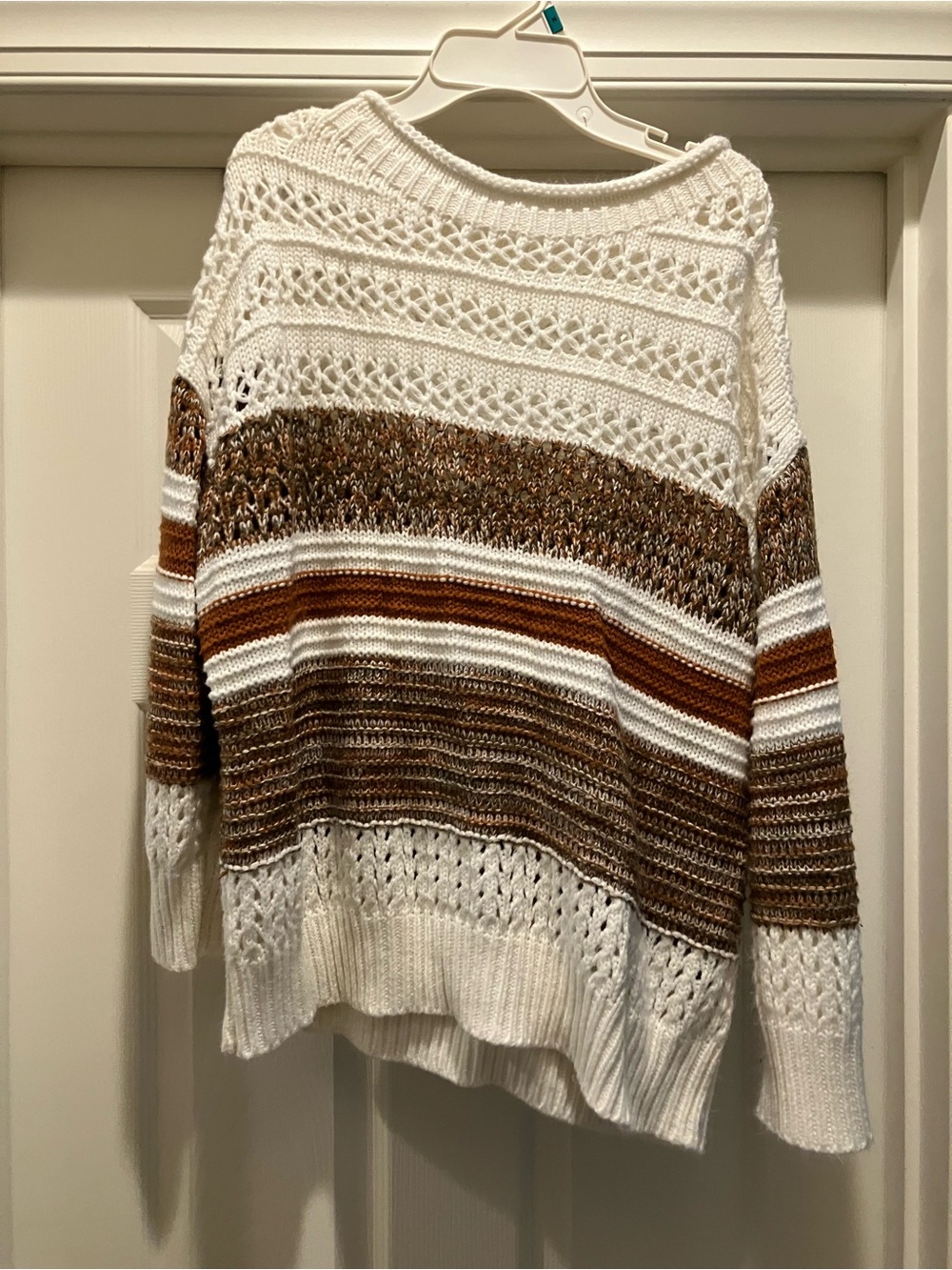Open-Knit Stripe Pullover Sweater in White, Orange and Brown